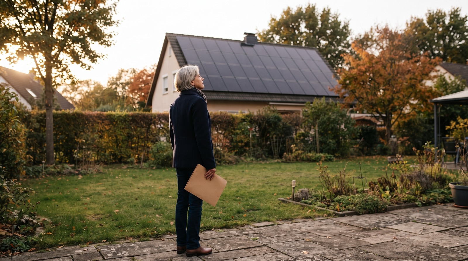 Die Hausbesitzerin steht im Garten und blickt auf ihr Dach mit Solarmodulen