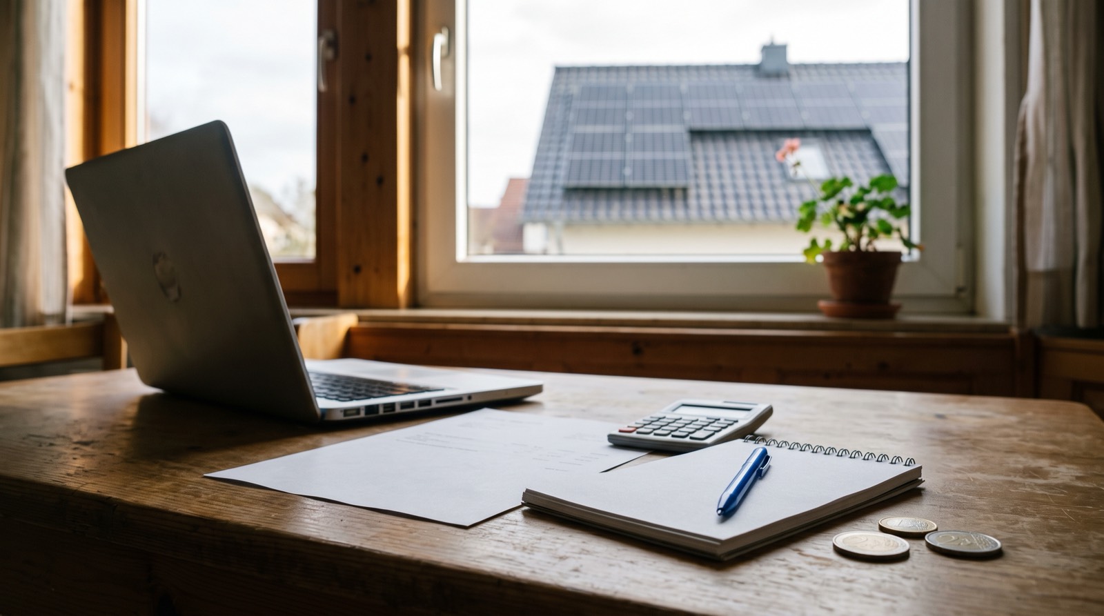 Küchentisch mit Laptop, Unterlagen, Taschenrechner und Notizblock, durch das Fenster ein Dach mit Solarmodulen